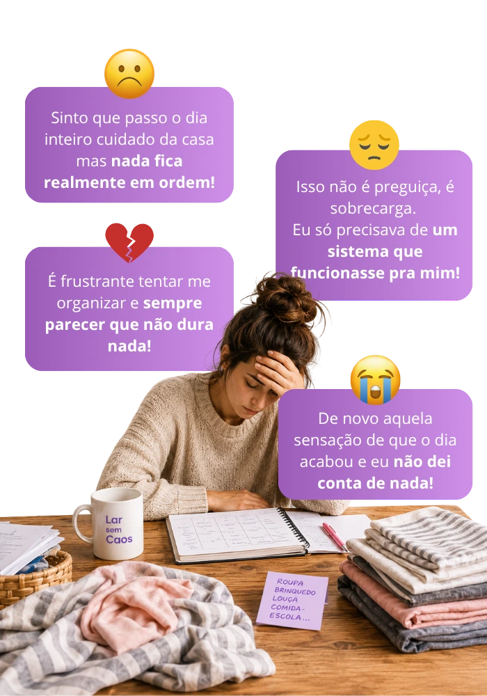 Mulher sobrecarregada com a rotina da casa